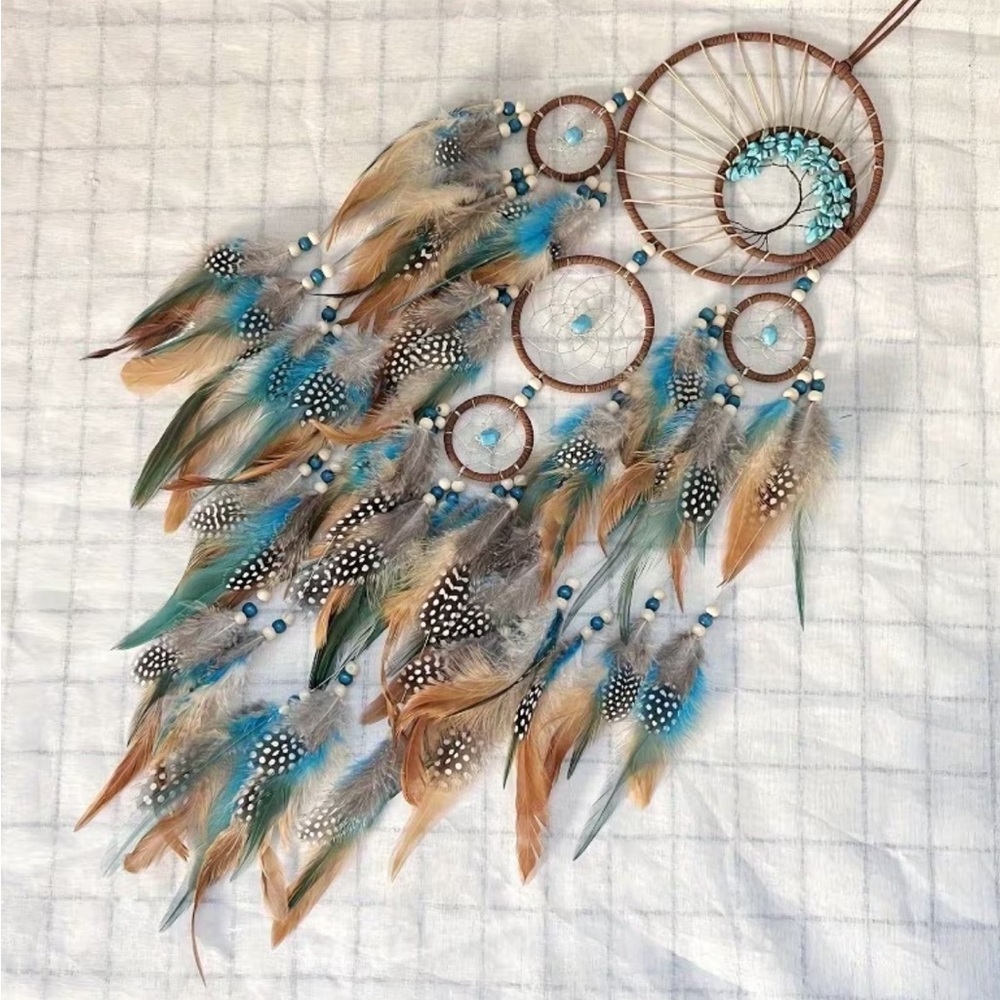 Large Boho Dreamcatcher Wall Hanging - Turquoise & Feather Decor - Picture 6 of 9